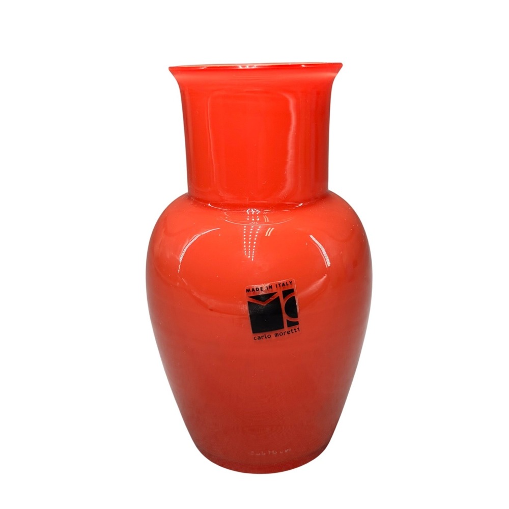 Carlo Moretti Murano Italy Orange Red Cased Glass Bud Vase MCM Signed 5" VTG